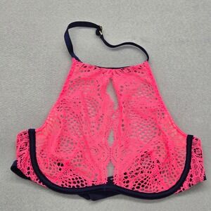 Victoria Secret Very Sexy High Neck Halter Keyhole Lace Bra Pink Navy 32B EUC